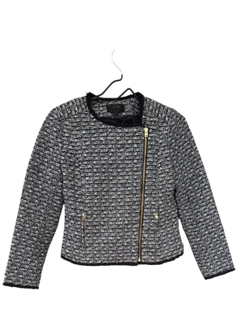 J.Crew Womens Black & White Tweed Fringe Jacket With Gold Zipper Size 2
